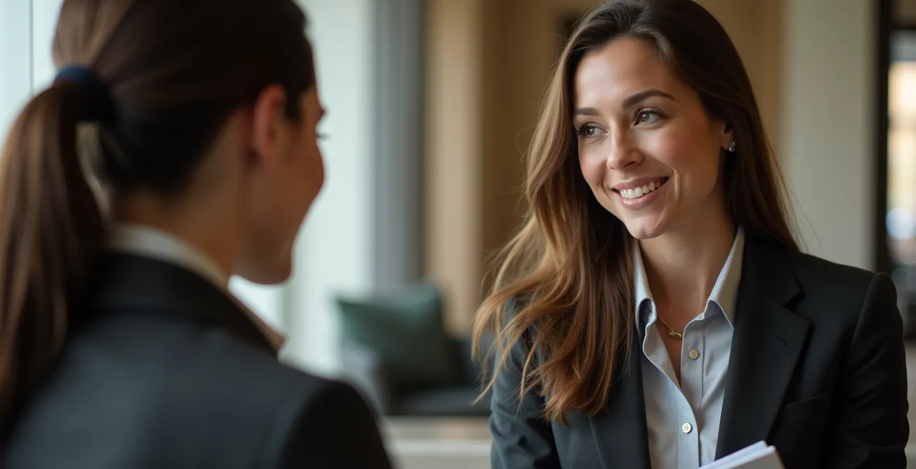 Concierge professionnel écoutant attentivement un voyageur pour comprendre ses besoins spécifiques
