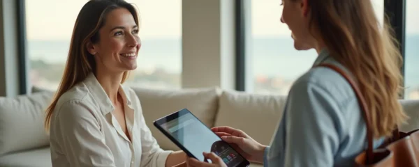 Voyageuse dans un luxueux logement de vacances recevant des services de conciergerie haut de gamme