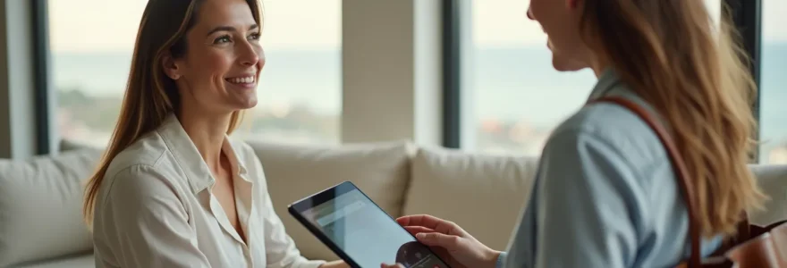 Voyageuse dans un luxueux logement de vacances recevant des services de conciergerie haut de gamme