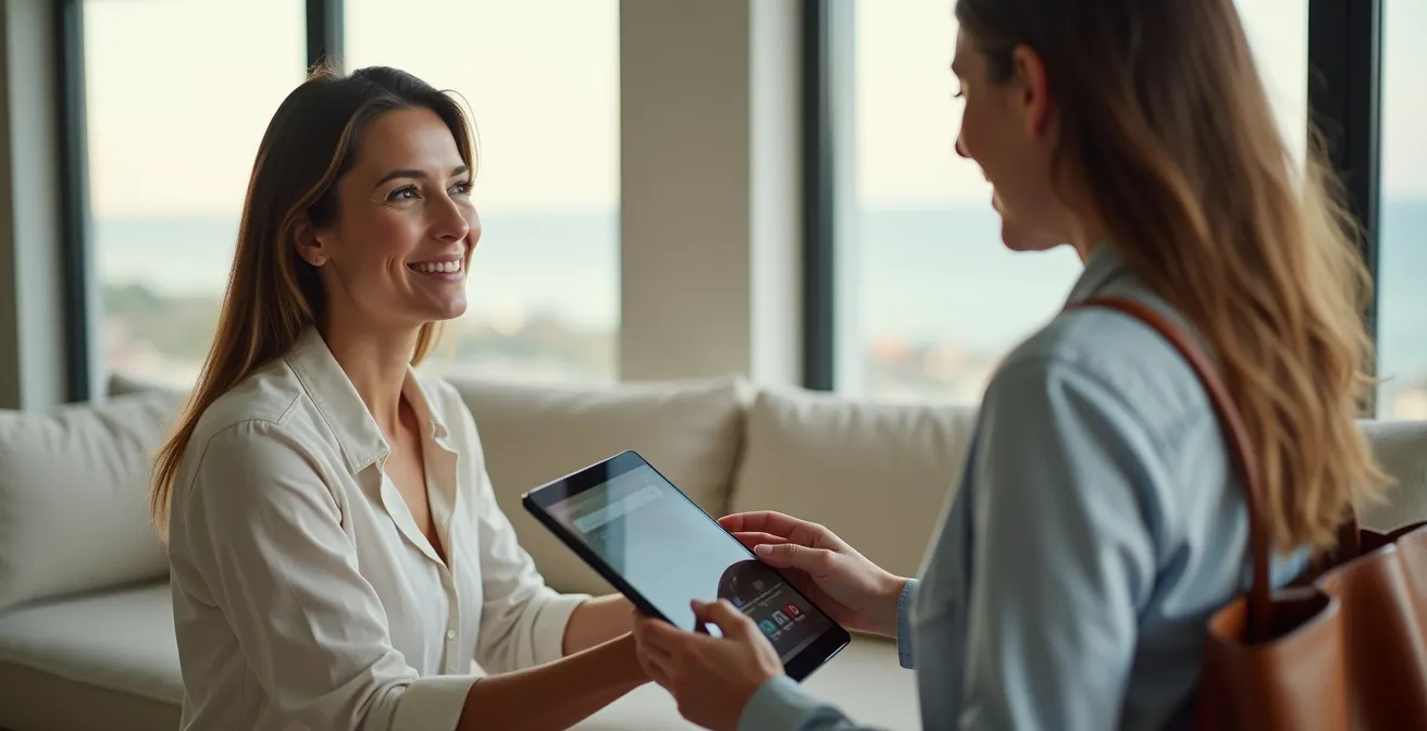 Voyageuse dans un luxueux logement de vacances recevant des services de conciergerie haut de gamme