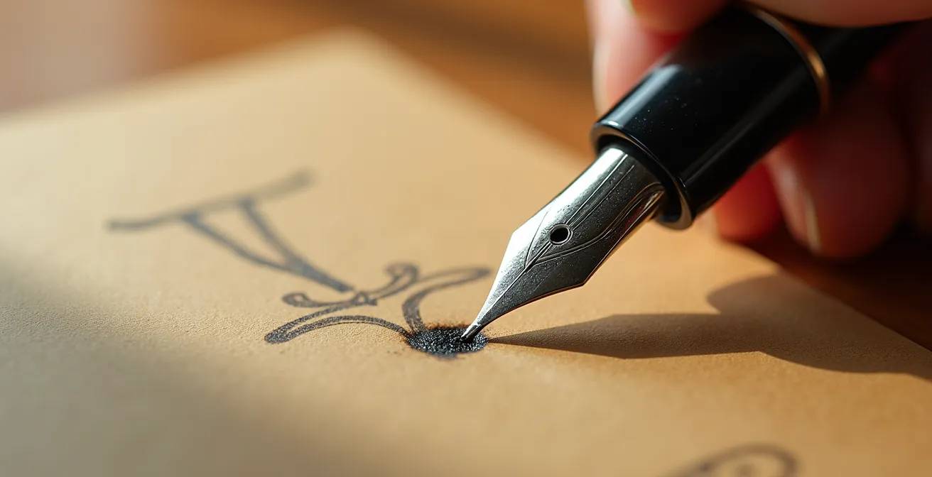 Bureau avec calculatrice et stylo plume posés sur surface en bois