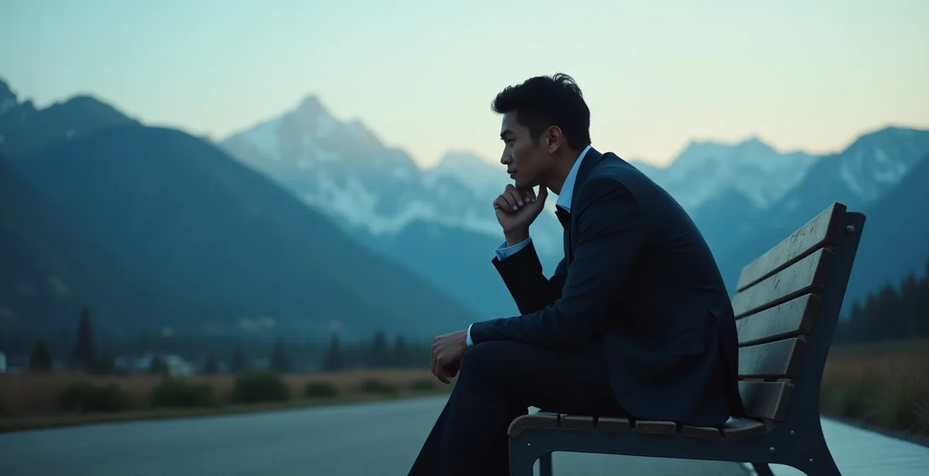 Personne assise seule sur un banc regardant l'horizon montagneux