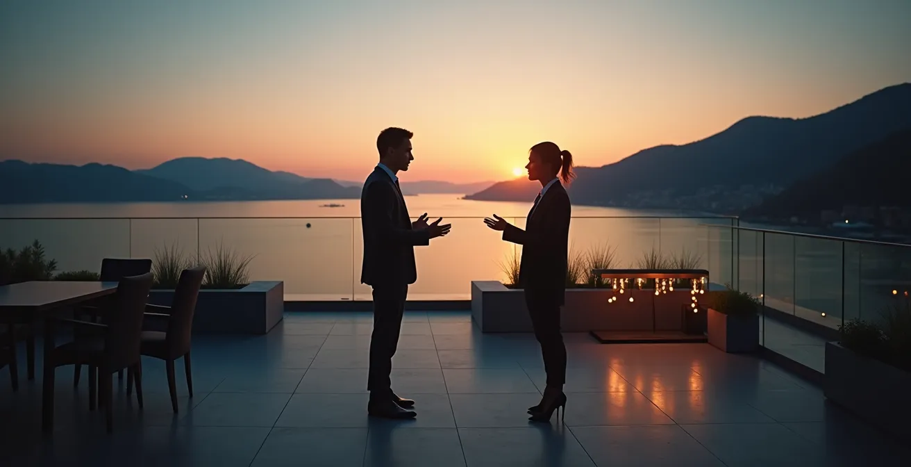 Professionnels échangeant sur une terrasse avec vue sur le lac Léman au coucher du soleil
