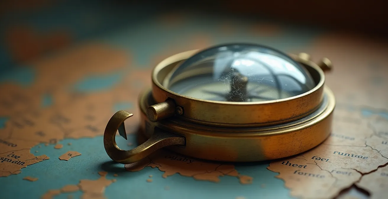 Boussole cassée posée sur un plan de ville