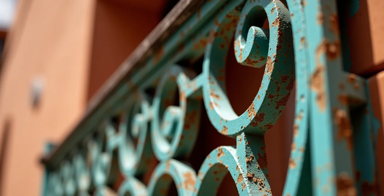 Détail architectural d'un balcon méditerranéen avec ferronnerie