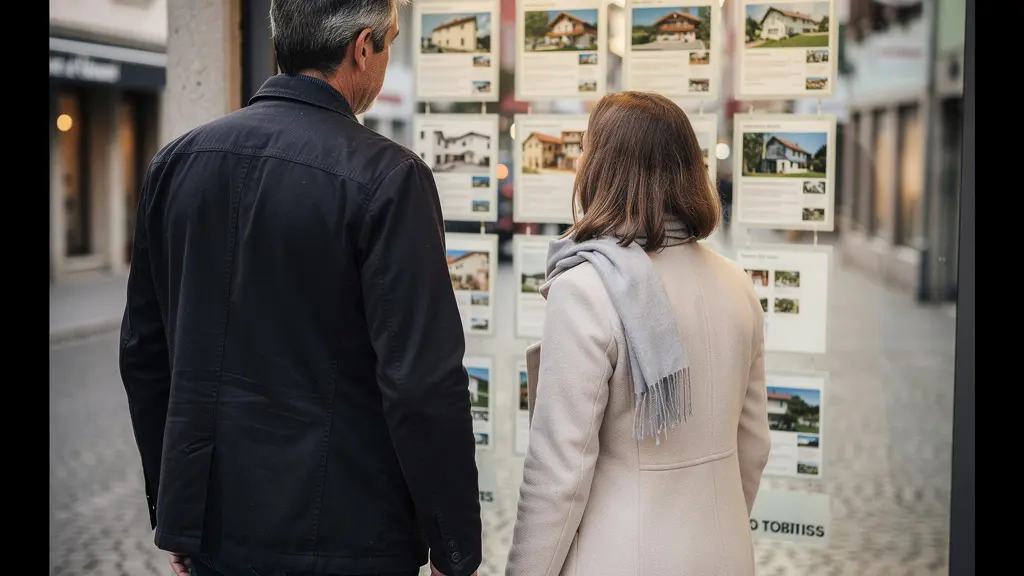 Couple européen devant agence immobilière suisse observant les annonces de prix au m²