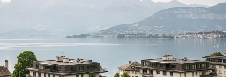 Vue panoramique sur Genève avec lac Léman et immeubles résidentiels représentant le marché immobilier suisse