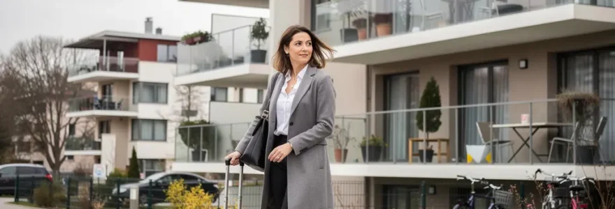 Professionnelle arrivant avec valise devant résidence appart-hôtel frontalier moderne