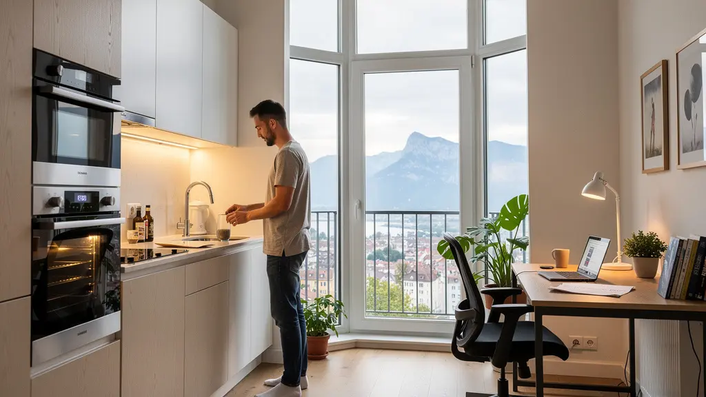 Intérieur lumineux appart-hôtel équipé avec coin cuisine et espace bureau vue montagne