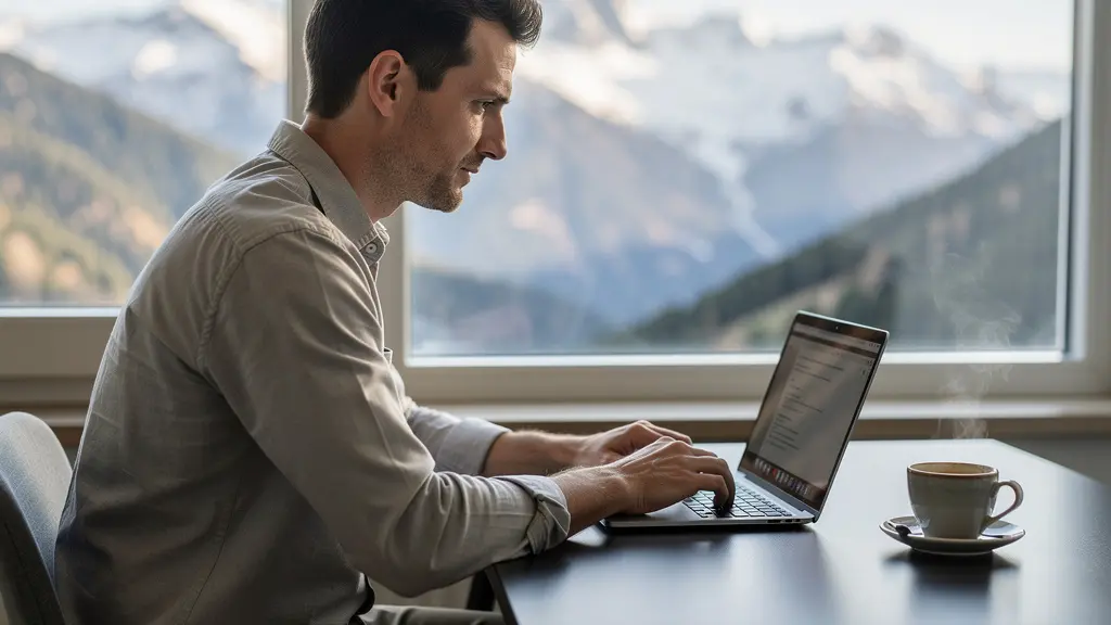 Professionnel en télétravail depuis appart-hôtel avec vue sur paysage alpin